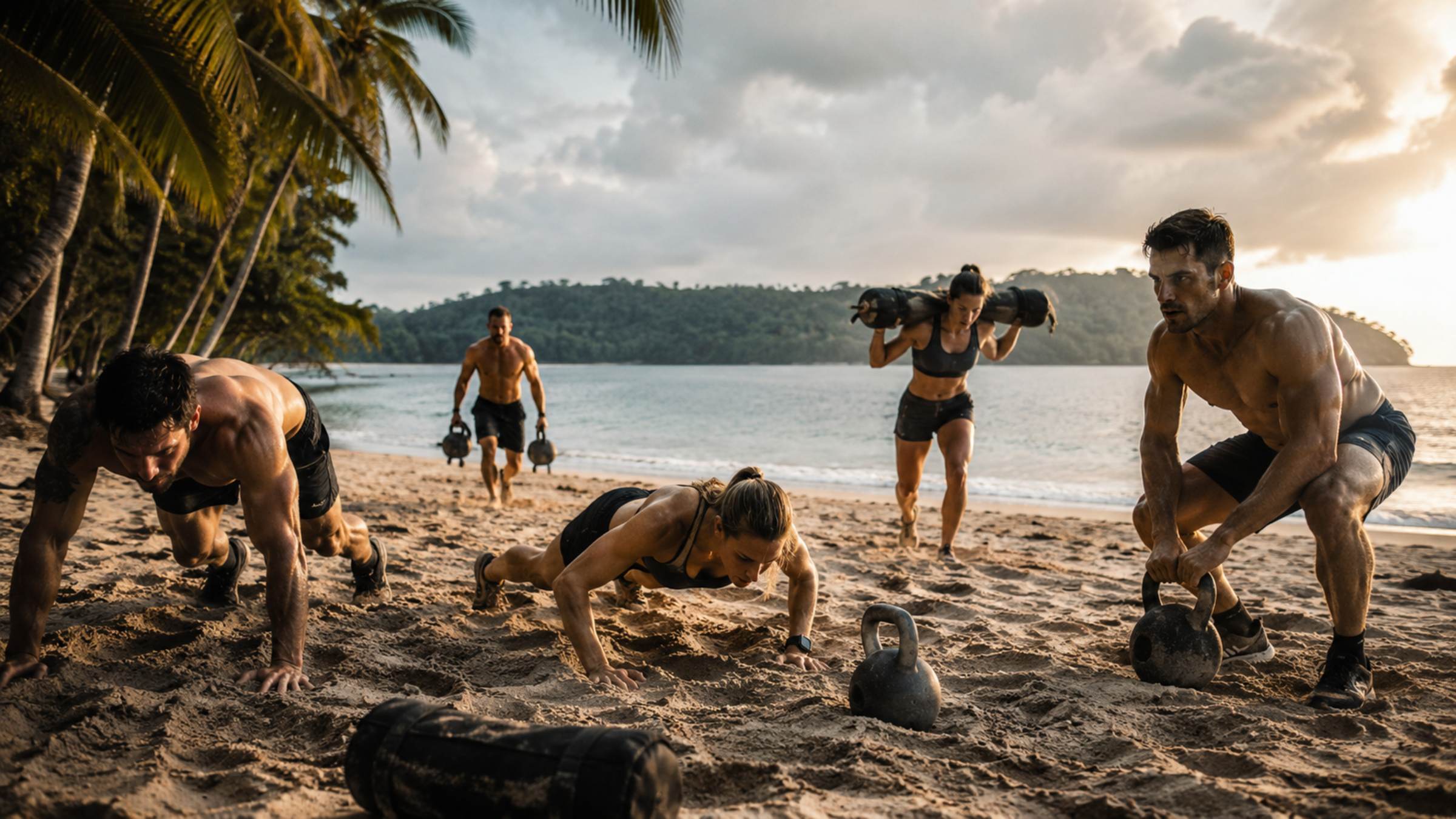 Sporters trainen bij zonsopkomst op het strand van Phuket